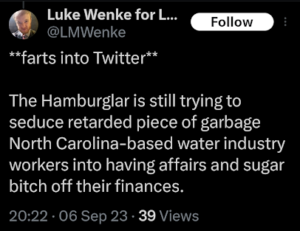 screenshot of a september 2023 luke wenke x/twitter post falsely accusing stalkign victim katie of home break-in