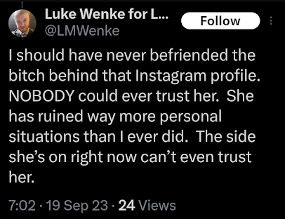 luke wenke regrets befriending stalking victim katie x/twitter screenshot september 2023