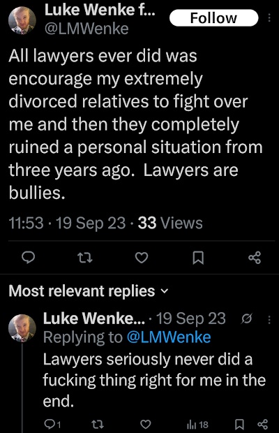 a self-pitying september 2023 facebook post by luke wenke blaming his divorced parents for his emotional dysfunction