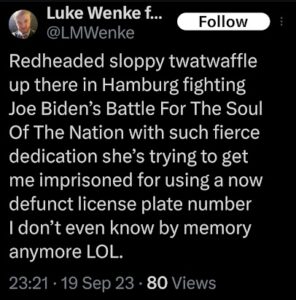 a screenshot of an x/twitter post by luke wenke falsely accusing his victim katie of filing a bogus police report against him in september 2023