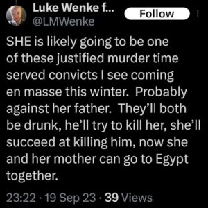 a screenshot of a september 2023 facebook post by luke wenke falsely accusing his stalking victim of being violent