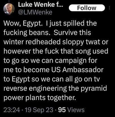screenshot of an x/twitter post by luke wenke complaining about stalking victim katie in september 2023