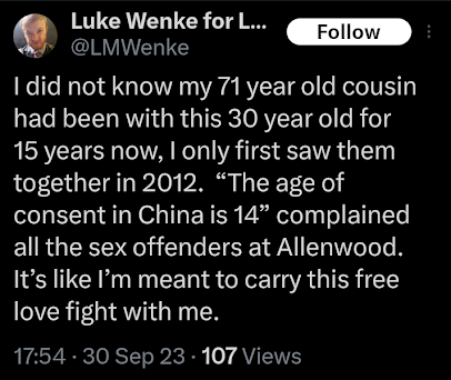 luke wenke falsely accuses relative of being a pedophile x/twitter screenshot september 2023