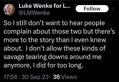 luke wenke blaming stalking victims for his problems x/twitter screenshot september 2023