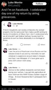 luke wenke announcing his post-prison return to social media november 2025