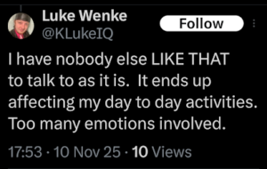 screenshot of a november 2025 luke wenke x/twitter post crying like an incel