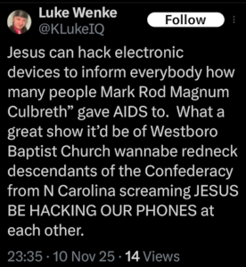 screenshot of a november 2024 luke wenke x/twitter post about jesus hacking his electronic devices