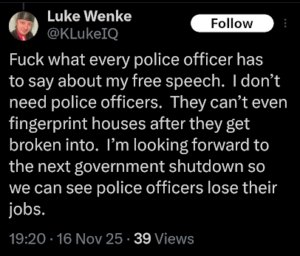 screenshot of a november 2025 anti-police tweet by cyberstalker luke wenke of olean ny