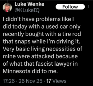 screenshot of luke wenke complaining on x/twitter about having to drive a used car that his mommy bought for him november 2025