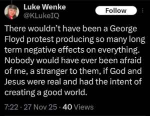 screenshot of a november 2025 luke wenke x/twitter post about george floyd