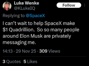 screenshot of a november 2025 luke wenke x/twitter post claimaing he's talking to elon musk