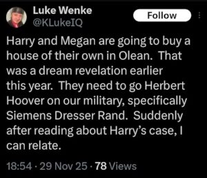screenshot of a november 2025 luke wenke x/twitter post about prince harry and meghan markle moving to olean ny