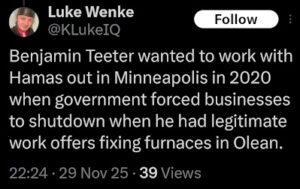 screenshot of a november 2025 luke wenke x/twitter post about stalking victim benjamin ryan teeter
