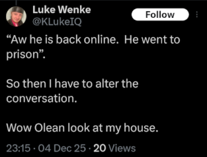 screenshot of a december 2025 luke wenke x/twitter post taunting stalking victims