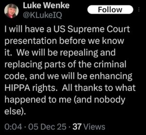 screenshot of an x/twitter post by luke wenke claiming his legal case will be groundbreaking