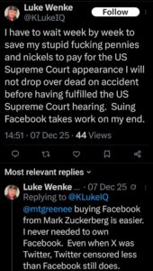 screenshot of a 2025 luke wenke x/twitter post threatening to sue facebook
