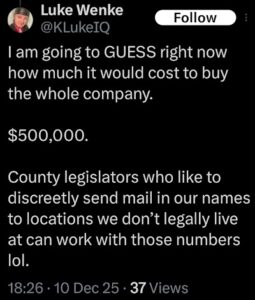 x/twitter screenshot of luke wenke fantasizing about buying out his boss december 2025