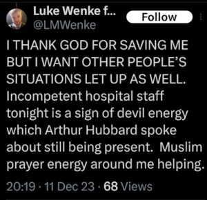 screenshot of a facebook post made by luke wenke in december 2023 complaining about hospital staff after an evaluation