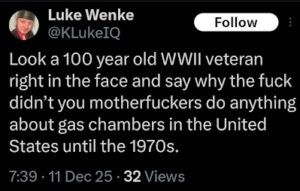 x/twitter screenshot of luke wenke hating us military veterans december 2025