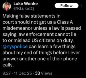 2025 x/twitter screenshot of luke wenke throwing tantrum because victim called police