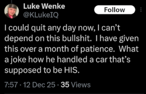 x/twitter screenshot of skyy homes medical transport employee luke wenke threatening to quit his job