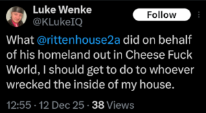 screenshot of a december 2025 x/twitter post by luke wenke threatening violence against victims