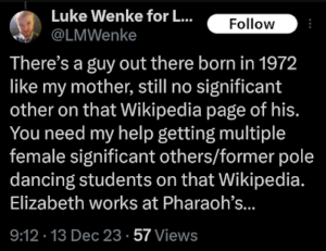 screenshot of a december 2023 luke wenke x/twitter post mocking a federal judge who oversaw his stalking case