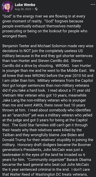 screenshot of an august 2023 facebook post by luke wenke obsessing over benjamin ryan teeter and drive-by shootings