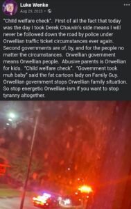 screenshot of a luke wenke x/twitter post about cops outside his house august 2023