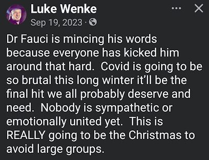 screenshot of a september 2023 Luke Wenke x/twitter post containing predictions of imminent destruction and disease