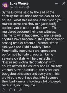 screenshot of a december 2023 luke wenke facebook post about psychic sylvia browne