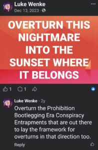 screenshot of a december 2023 luke wenke facebook post demanding the overturning of his cyberstalking case