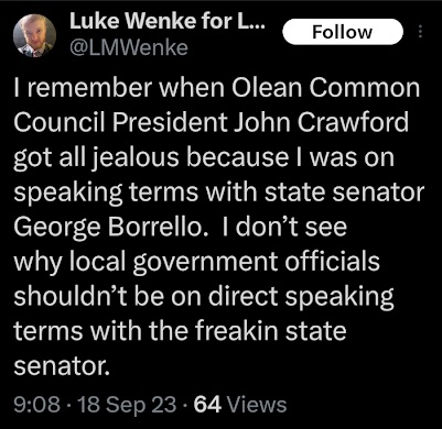 luke wenke accuses olean city council members of being jealous of him x/twitter screenshot september 2023