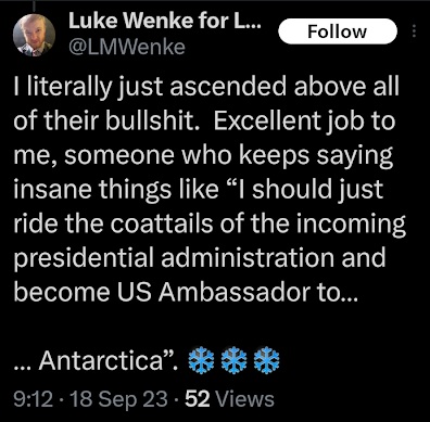 luke wenke says he's above the bullshit x/twitter screenshot september 2023