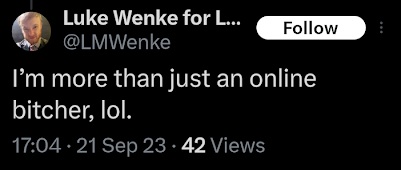 luke wenke claims he's more than just an online bitcher x/twitter screenshot september 2023