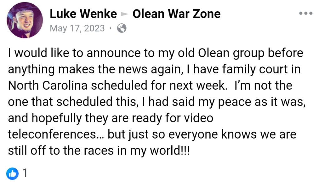 luke wenke announces an upcoming family court date in north carolina facebook screenshot 05/17/2023