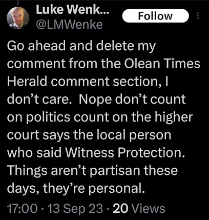 x/twitter screenshot of a 2023 luke wenke post angry that the olean times herald deleted his comment