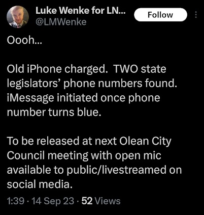 x/twitter screenshot 2023 luke wenke announces his plan to doxx two NY politicians at an upcoming olean city council meeting