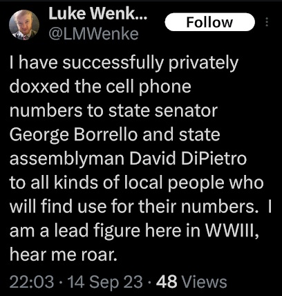 luke wenke brags about doxxing george borrello and david dipietro x/twitter screenshot september 2023