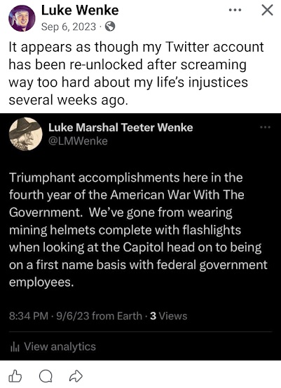 screenshot of a september 2023 luke wenke facebook post about perceived injustices
