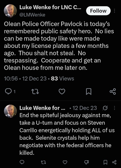 screenshot of a december 2023 Luke Wenke X/Twitter post criticizing the Olean NY police